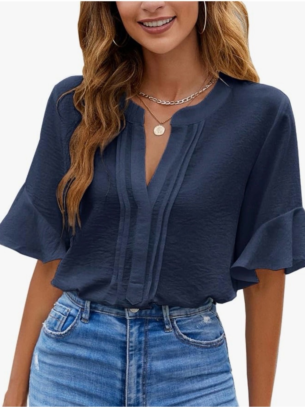 Women's Navy V-Neck Pintuck Ruffle Sleeve Blouse